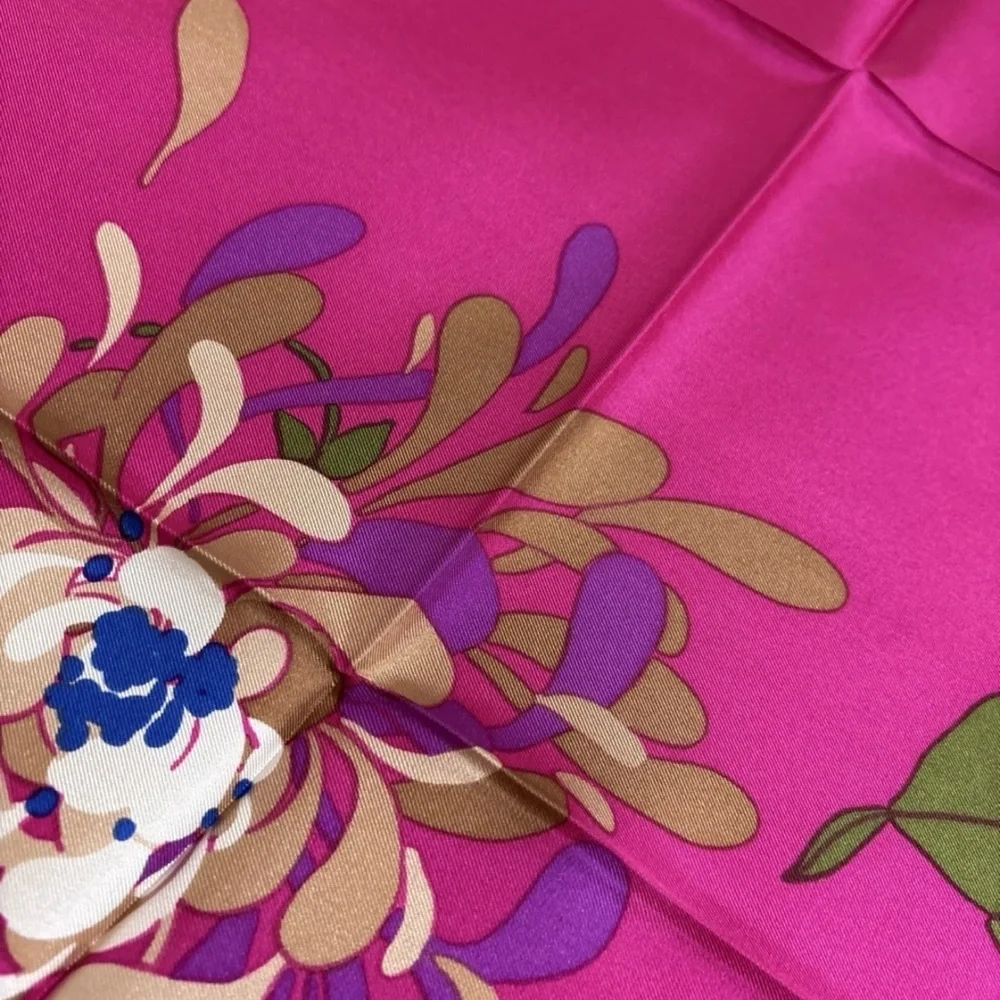 Christian Dior Silk Scarf 30in Fuchsia Pink Floral Botanical Leaves Design